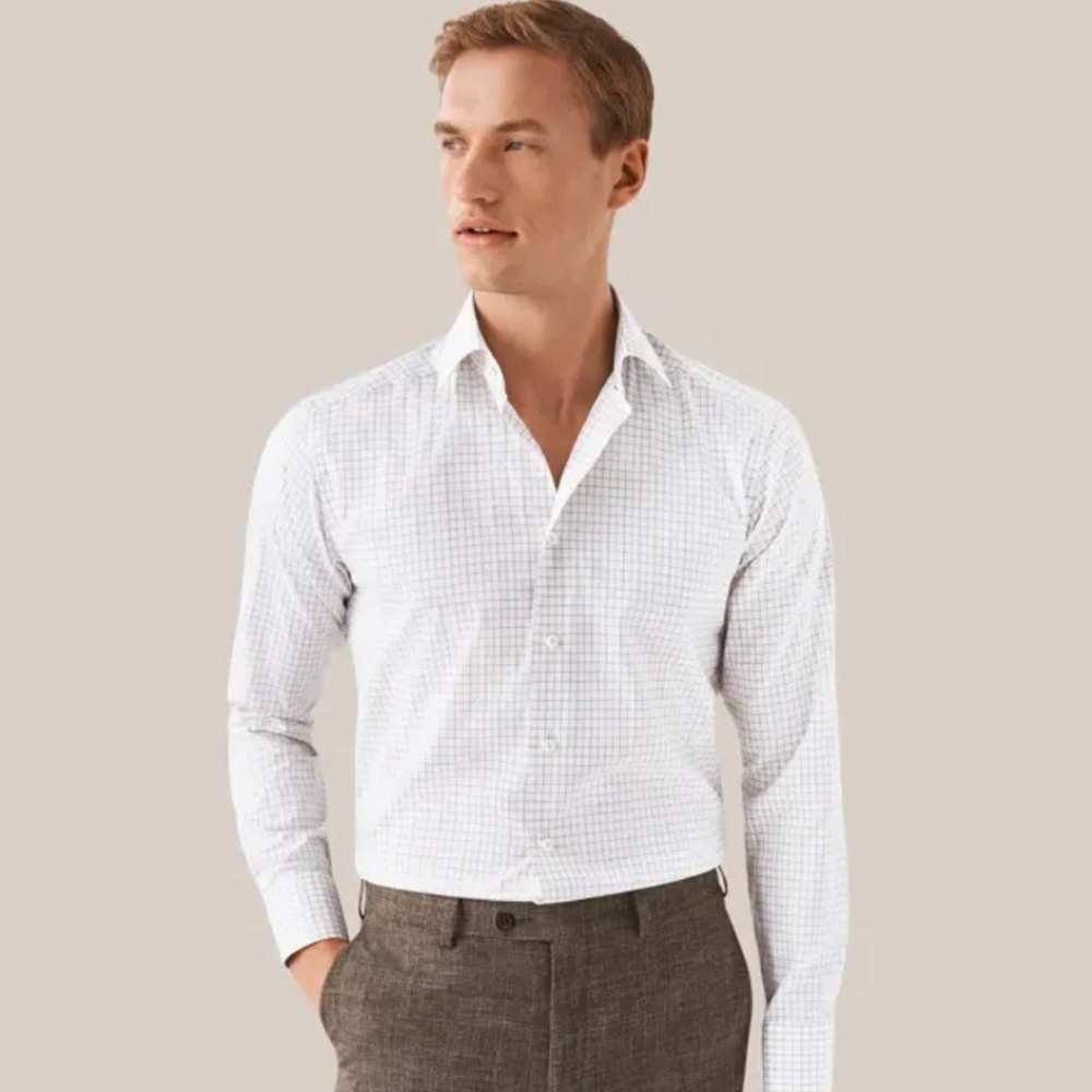 Eton Men's Light Brown Checkered  Signature Twill Dress Shirt, Size: Medium